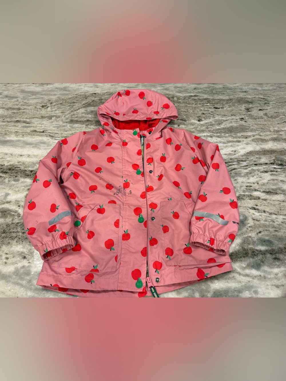 Mini Boden Pink Hooded Raincoat with Red Apple Print size 6/7